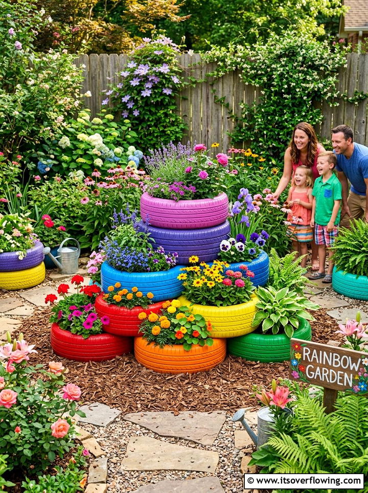 Painted Tire Garden Display - 25 recycled garden ideas with gutter garden