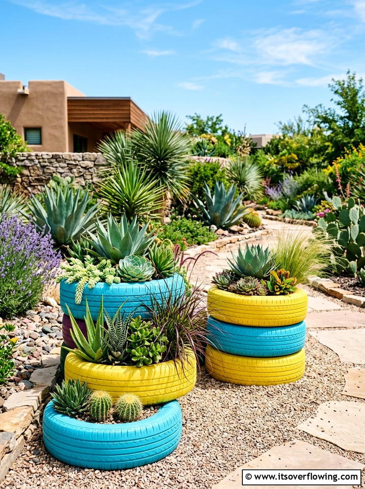 Painted Tire Garden - 25 reusing old things ideas for front yard