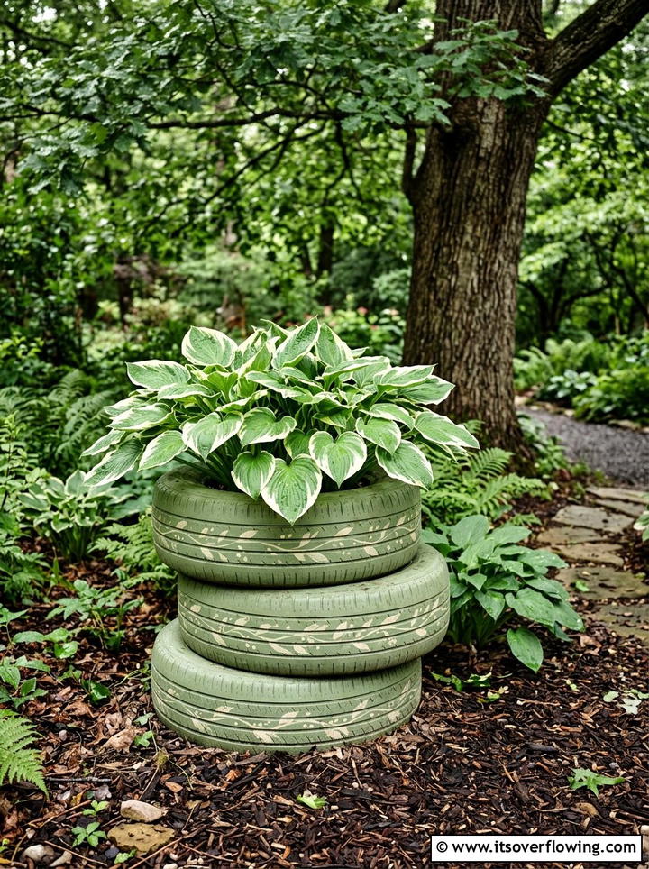 Painted Tire Hosta Bed - 25 upcycled garden ideas for shaded spaces