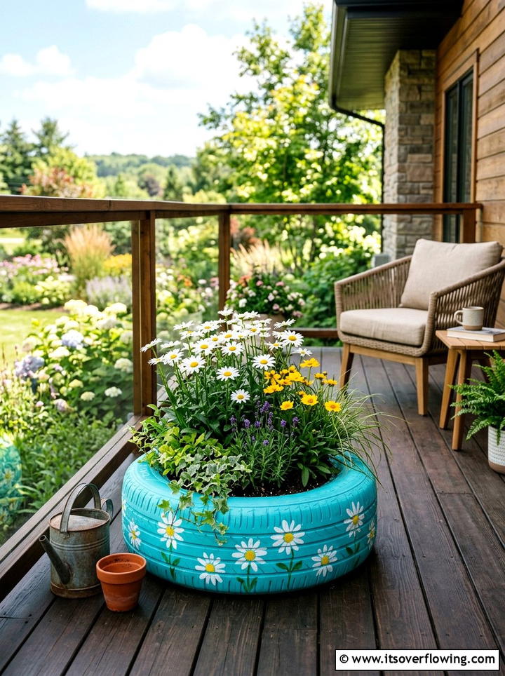 Painted Tire Planter - 25 upcycled garden ideas for porches