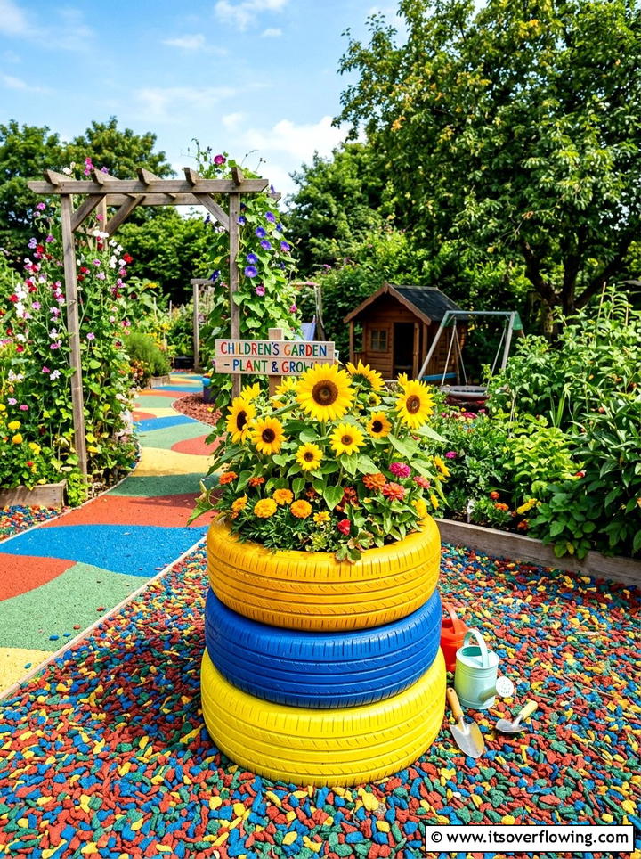 Painted Tire Planter - 25 upcycled garden ideas with flower boxes