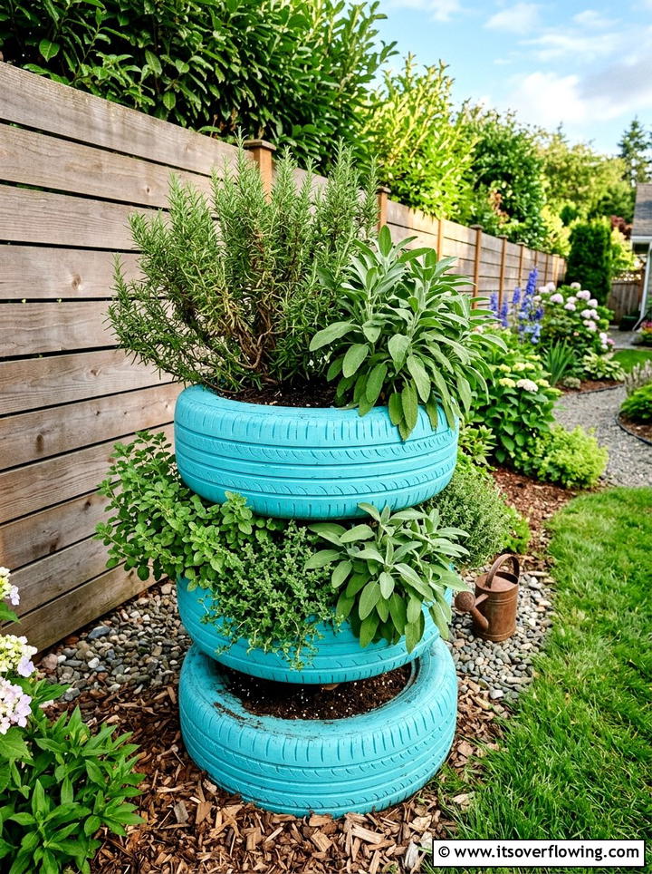 Painted Tire Planter - 25 upcycled garden ideas with herb planters