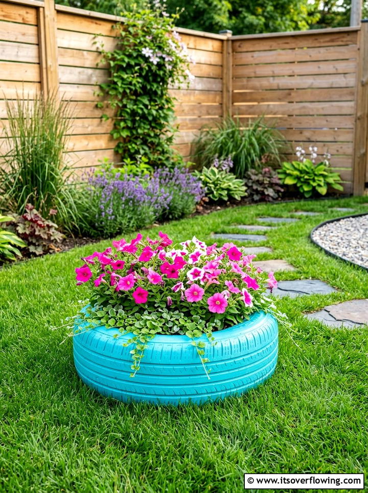 Painted Tire Planter For Backyard - 25 upcycled garden ideas for small gardens