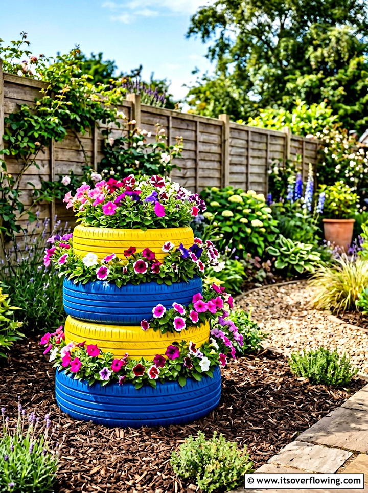 Painted Tire Planters - 25 upcycled garden ideas for community gardens