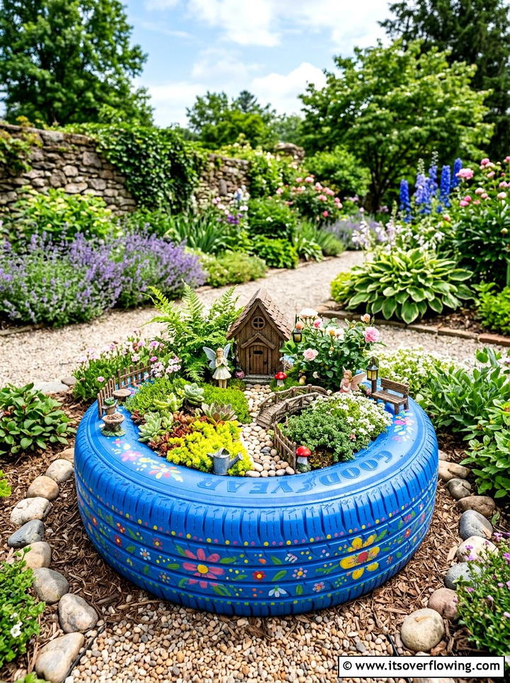 Painted Tire - 25 upcycled garden ideas with fairy gardens