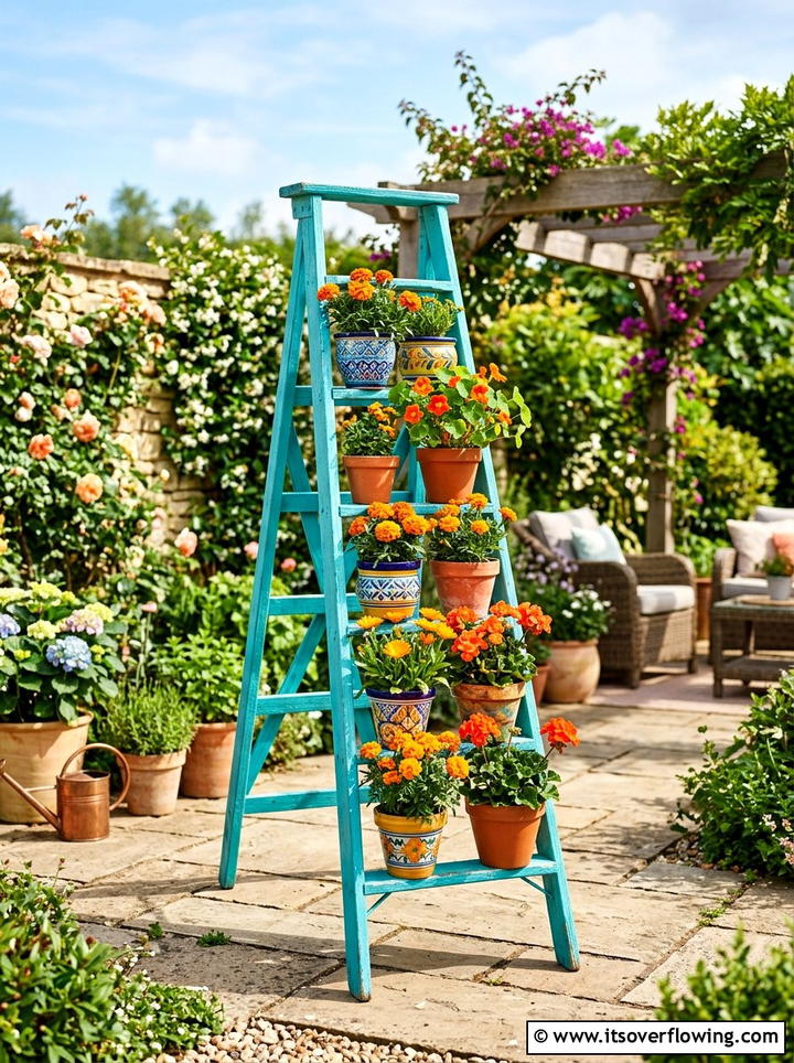 Painted Wood Ladder - 25 upcycled garden ideas with old ladders