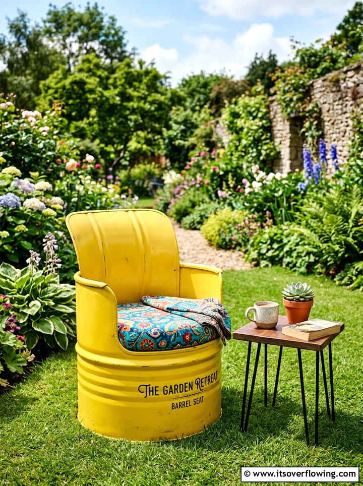 Painted barrel planter - 25 recycled garden ideas with rainwater collection