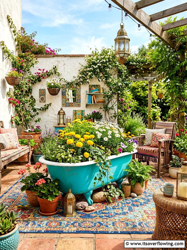 Painted bathtub planter - 25 upcycled garden ideas with old bathtubs