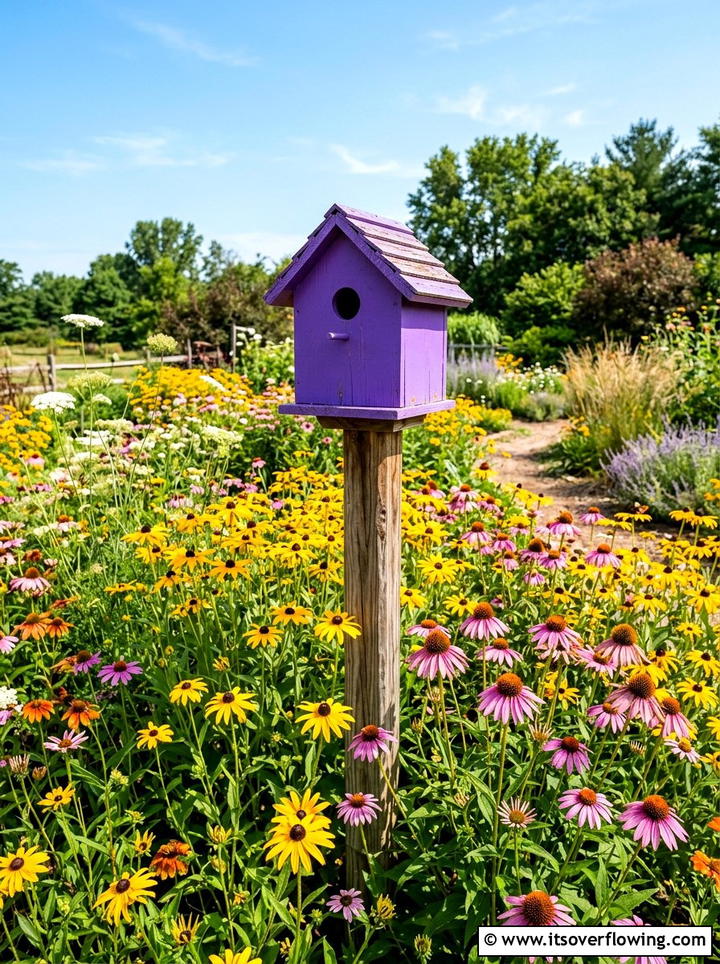 Painted birdhouse in wildflower garden - 25 garden decor ideas with birdhouses