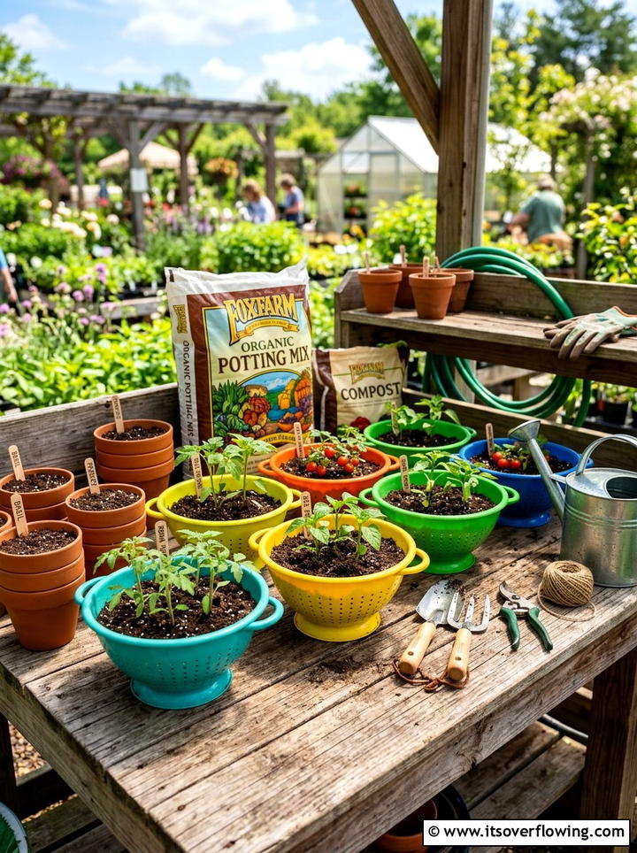 Painted colander vegetable starter - 25 recycled garden ideas with old colanders