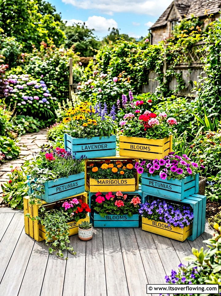 Painted colorful crate garden - 25 backyard ideas with crate planters