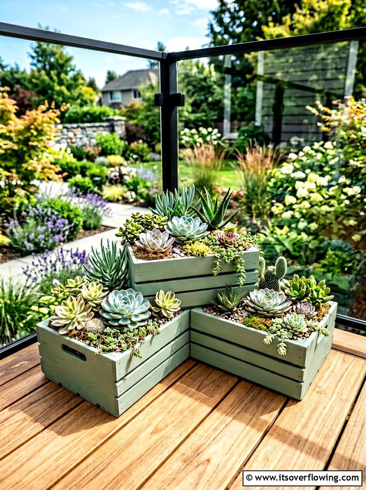 Painted crate succulent display - 25 garden ideas with old crates