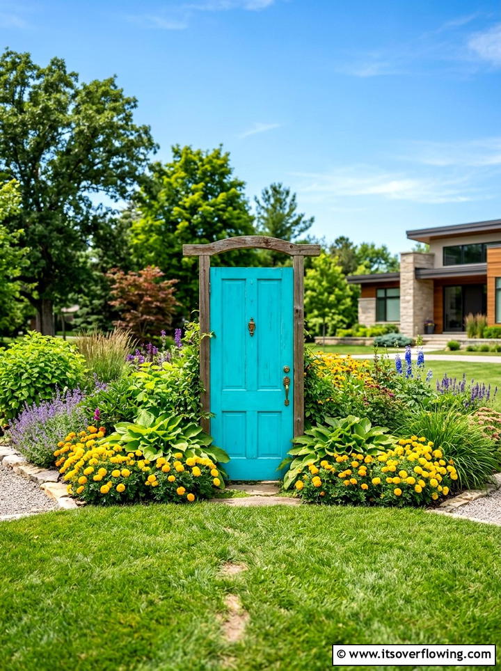 Painted door garden focal point - 25 garden decor ideas with old doors