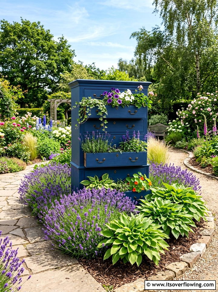 Painted dresser garden focal point - 25 upcycled garden ideas with old dressers