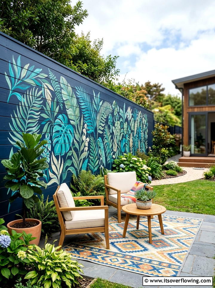Painted fence mural - 25 backyard decorating ideas with fence decor