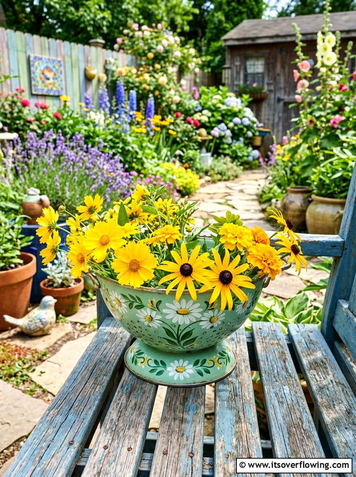 Painted floral colander - 25 upcycled garden ideas with old colanders