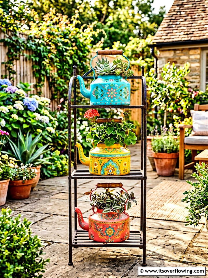 Painted metal kettle decor - 25 upcycled garden ideas with old kettles