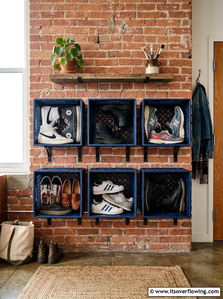 Painted milk crate shoe wall - 25 front porch ideas with shoe storage