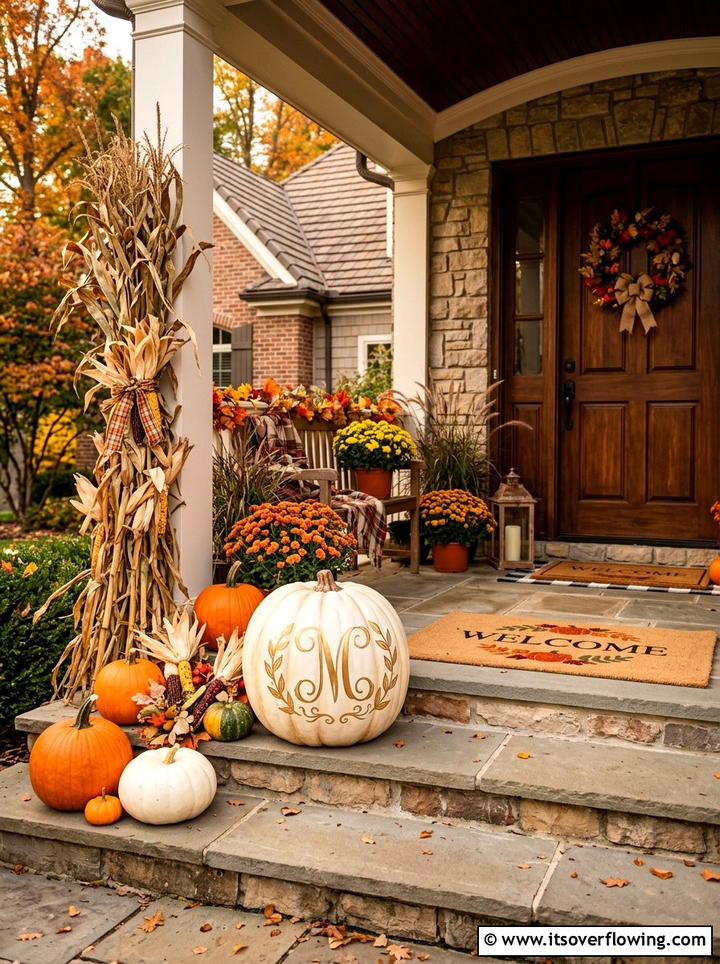 Painted monogrammed faux pumpkin - 25 front porch ideas with monogram decor