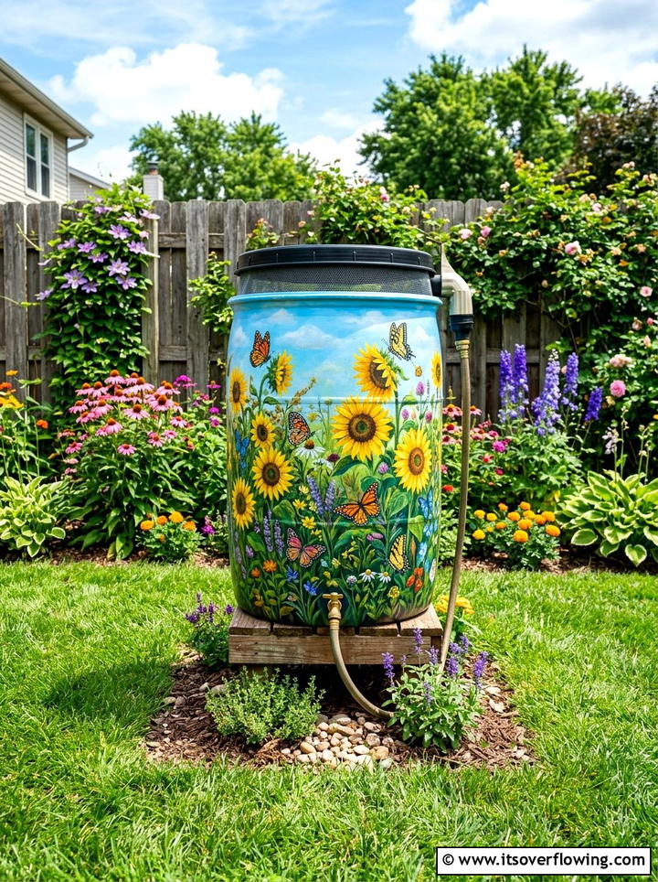 Painted mural rain barrel - 25 creative garden ideas with rain barrel displays