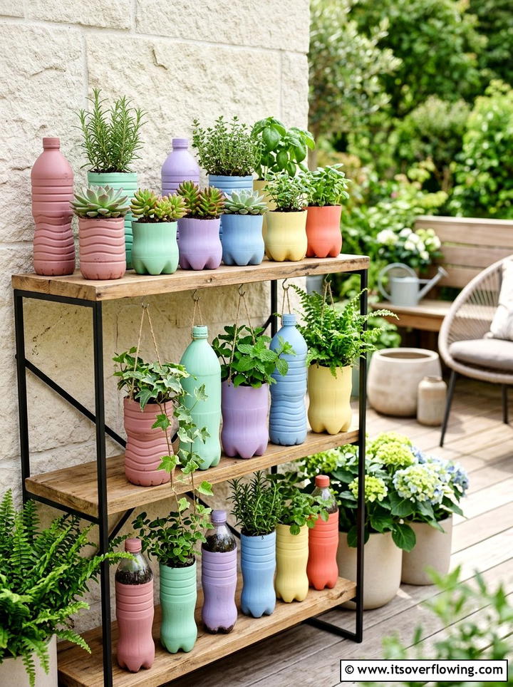 Painted plastic bottle planter - 25 recycled garden ideas with vertical bottle wall