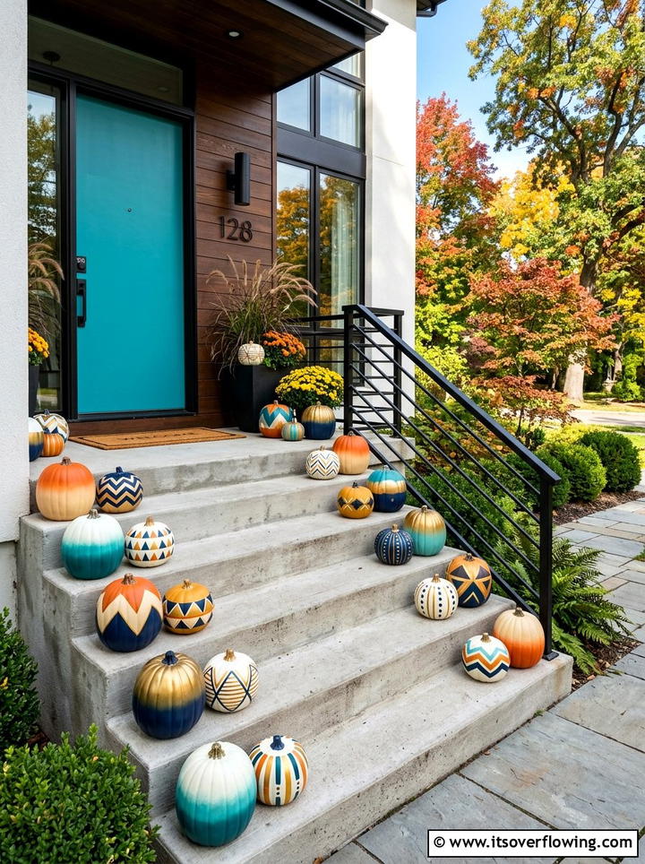Painted pumpkin steps - 25 front porch decor ideas with fake pumpkins