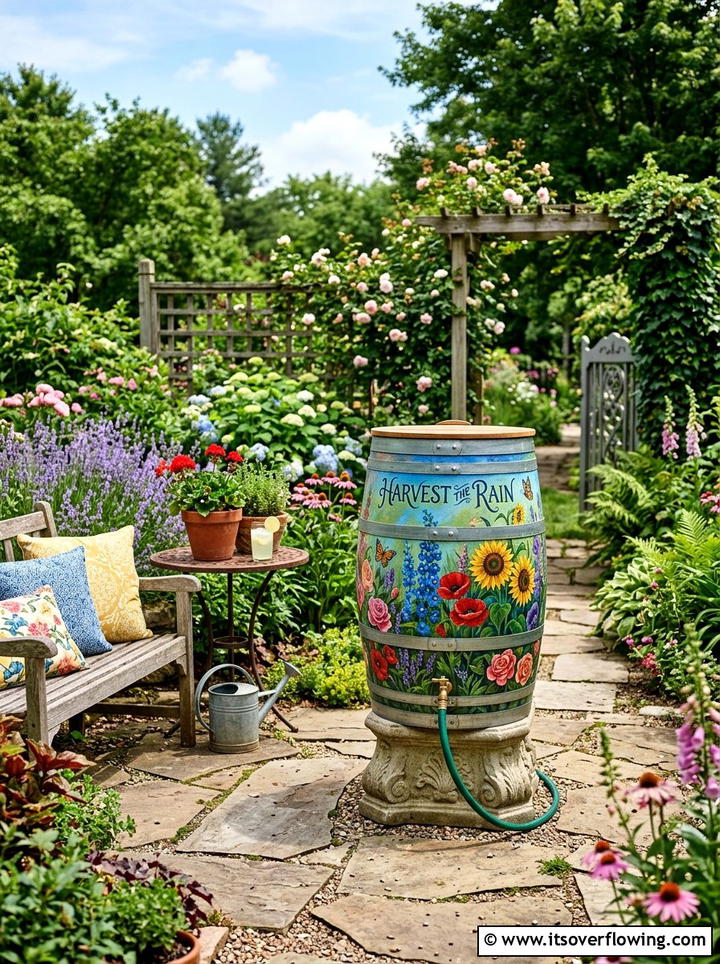 Painted rain barrel - 25 cheap garden ideas with rain barrels