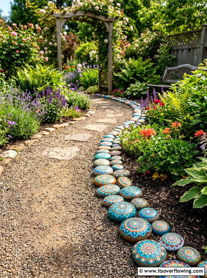 Painted rock border - 25 backyard decorating ideas with garden art