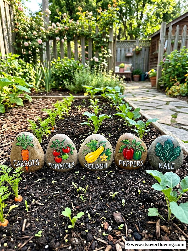 Painted rock garden marker - 25 upcycled garden ideas with kids projects