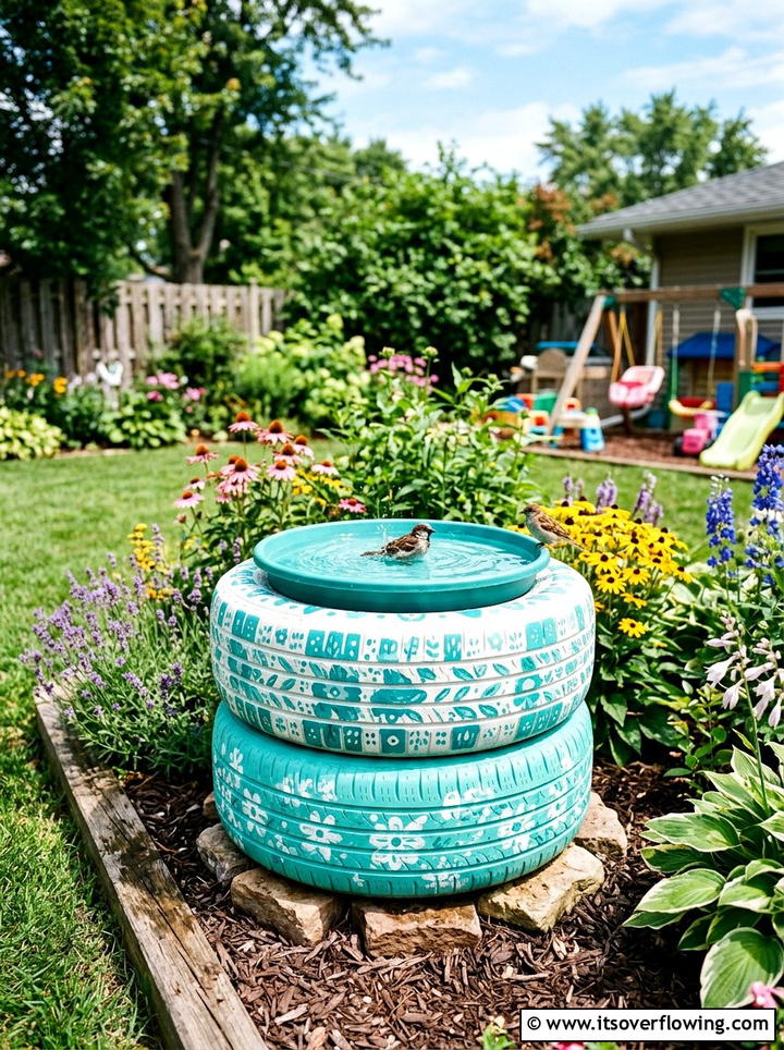 Painted tire bird bath - 25 upcycled garden ideas with bird baths