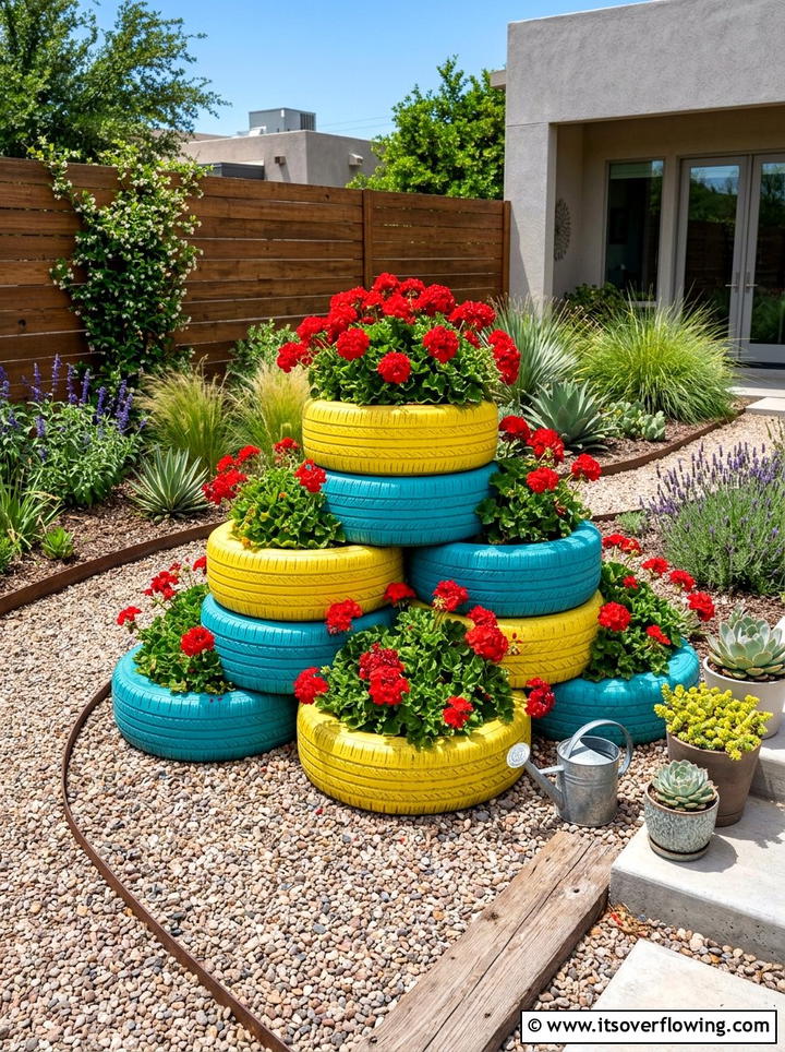 Painted tire garden containers - 25 creative garden ideas with unusual planters