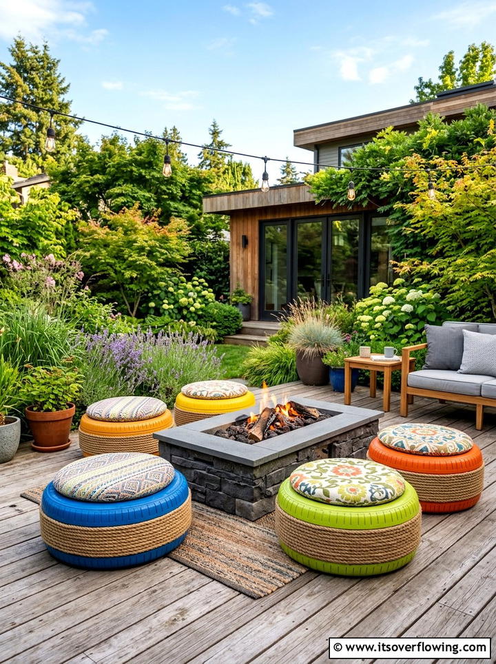 Painted tire garden ottoman - 25 reusing old things ideas for modern garden look
