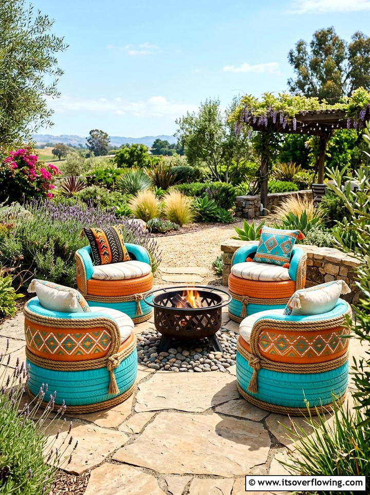 Painted tire garden seating - 25 reusing old things ideas for boho garden look