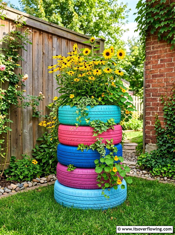 Painted tire garden stack - 25 upcycled garden ideas for narrow spaces