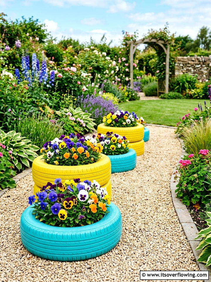 Painted tire planters - 25 garden decor ideas with floral displays