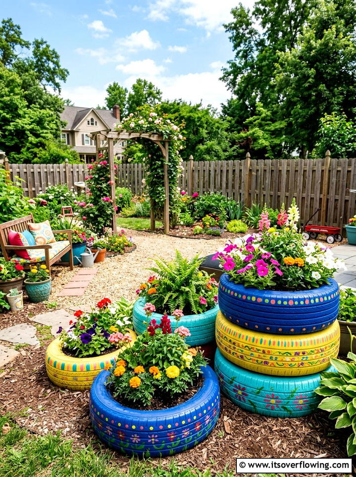 Painted tire planters - 25 cheap garden ideas with drought tolerant plants