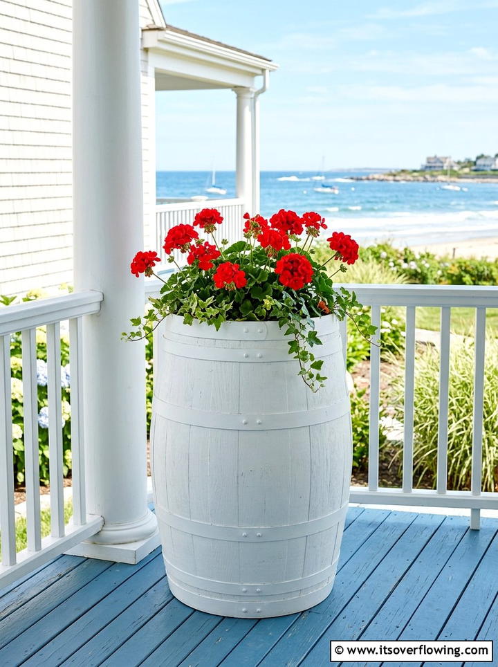 Painted white barrel planter - 25 front porch ideas with barrel planters