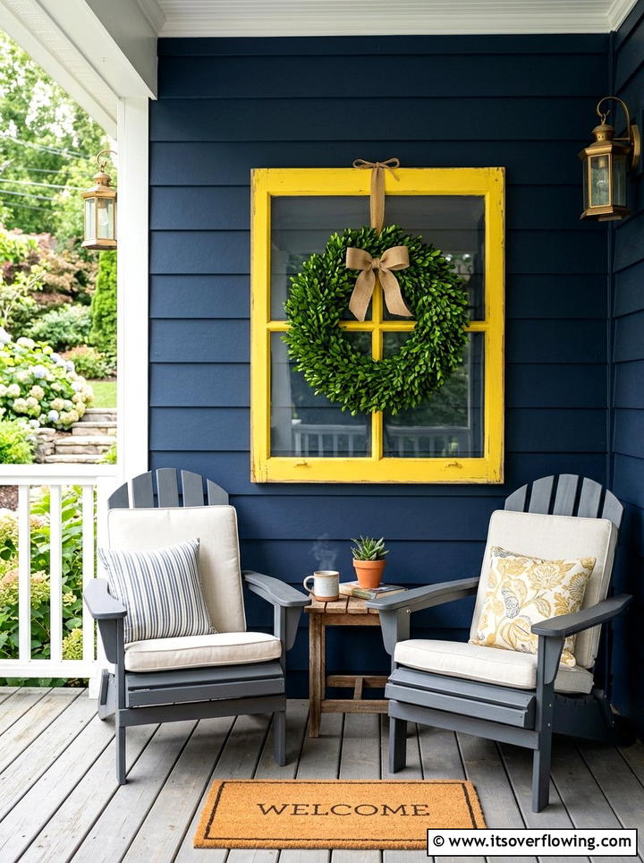 Painted window frame wreath holder - 25 front porch ideas with repurposed windows