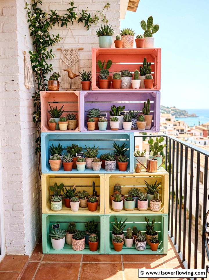 Painted wooden crate shelf - 25 upcycled garden ideas for sunny spaces