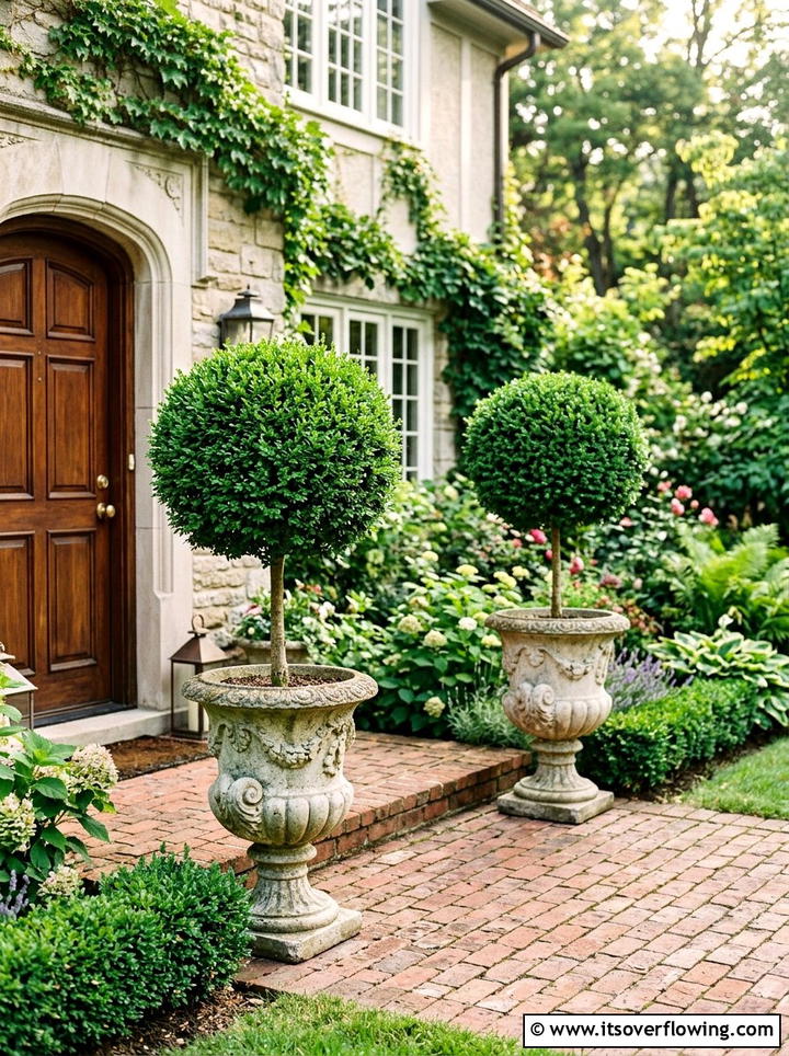 Pair Of Boxwood Topiaries - 25 front porch decor ideas with symmetrical layout