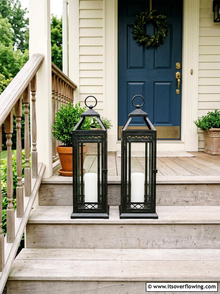 Pair Of Tall Lanterns - 25 front porch decor ideas with symmetrical layout