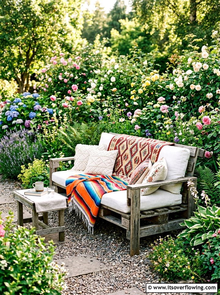 Pallet Garden Bench - 25 garden decor ideas with boho accents