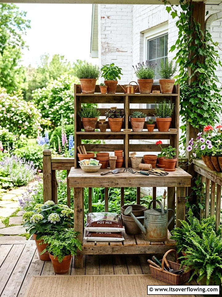 Pallet Potting Bench - 25 front porch ideas with pallet decor