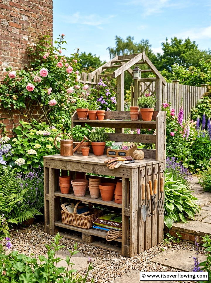 Pallet Potting Bench - 25 backyard decorating ideas with pallet projects