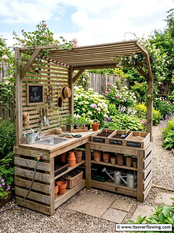 Pallet Potting Station - 25 cheap garden ideas with pallets