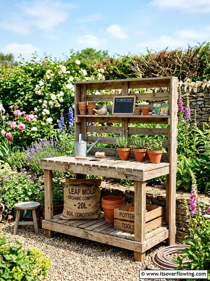 Pallet Wood Potting Bench - 25 recycled garden ideas with leaf mold bins