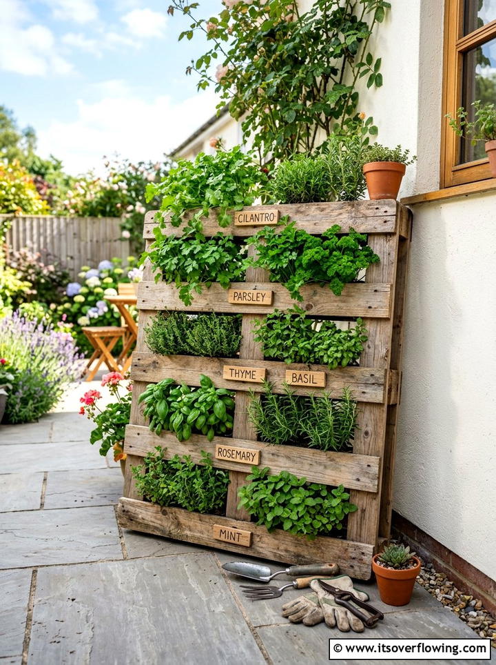 Pallet herb wall - 25 cheap garden ideas with thrifted decor