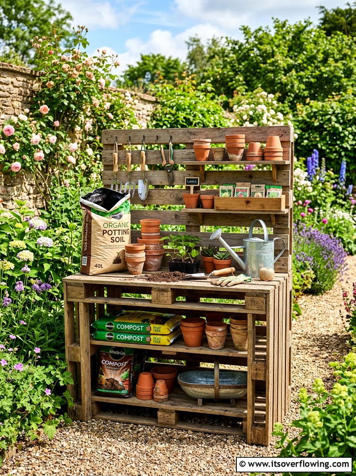 Pallet potting station - 25 upcycled garden ideas with tool storage