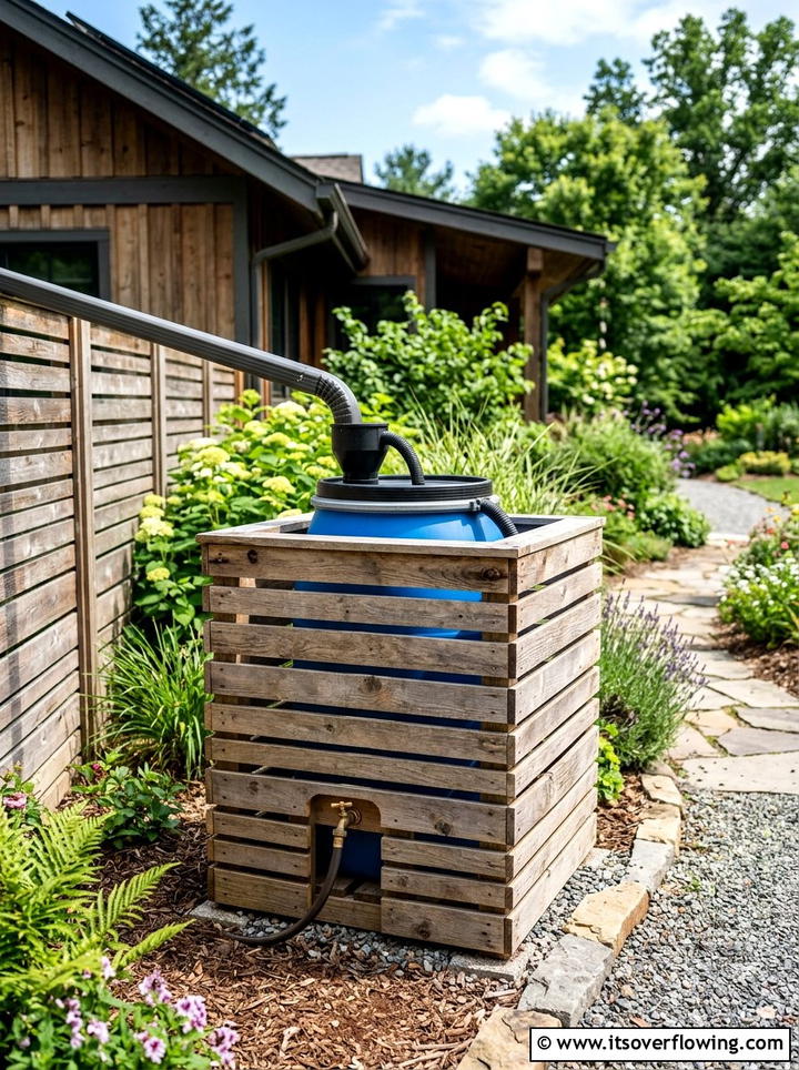 Pallet wood barrel surround - 25 recycled garden ideas with rainwater collection