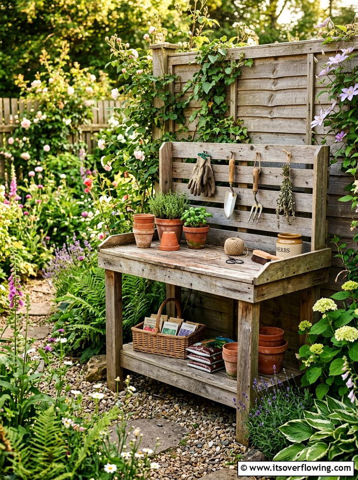 Pallet wood potting bench - 25 upcycled garden ideas with watering stations